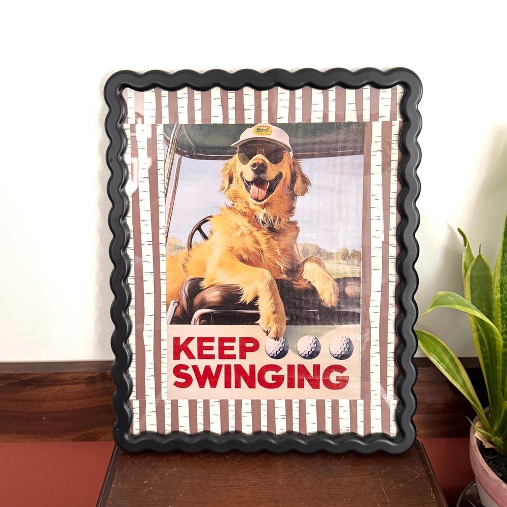 Golf Cart Keep Swinging Golden Retriever Dog Canvas Print Wavy Framed Wall Art